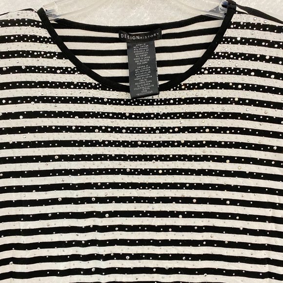 Design History Black White Stripe Top Woman Medium Rhinestones Viscose Knit - Picture 3 of 10